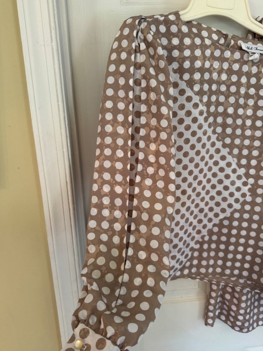 Vintage Hal Ferman Polka Dot Set Top Blouse Midi Skirt 8 Brown White Union Made - Picture 8 of 16